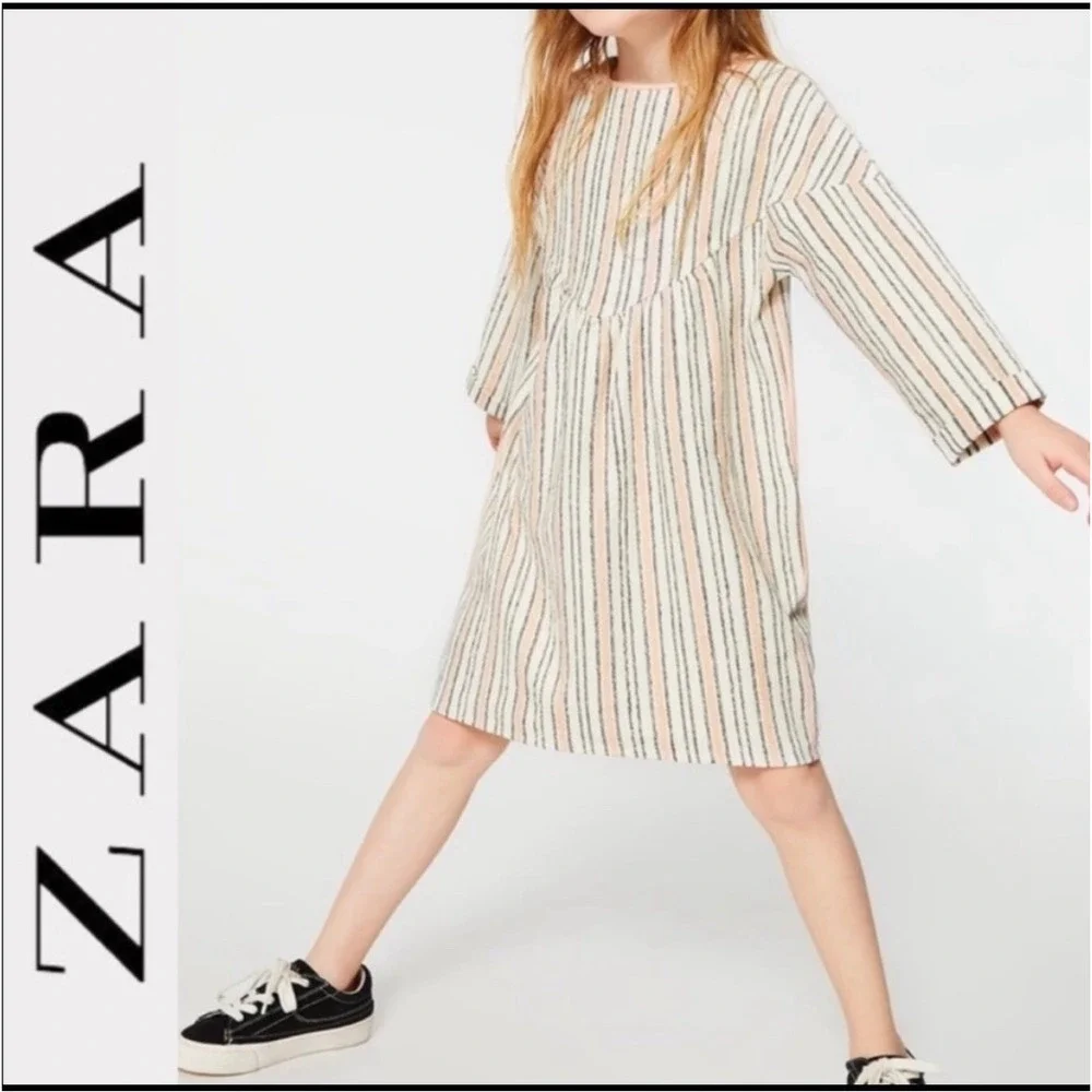 Zara Girls Striped Dress Pink Beige‎ Black Size 5 Made in Turkey